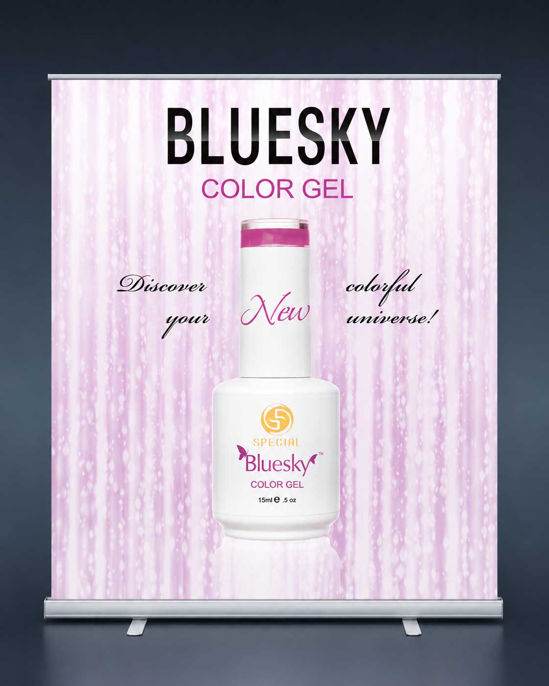 Рол банер стойка 150 на 200 см с отпечатана рекламна визия за Bluesky Color Gel
